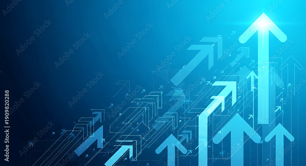 Fototapeta premium A blue graphic illustration of multiple arrows pointing upwards in a digital design concept