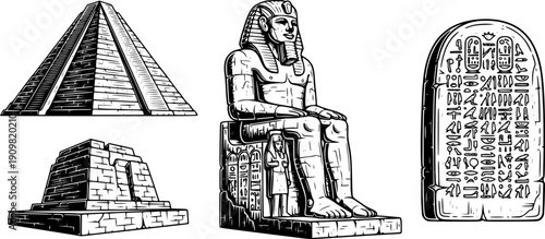 Black and white vintage style line art set of ancient stone monuments and sculptures including stepped pyramids statue and carved tablet
