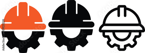 Three hard hats with gears symbolizing construction and industry teamwork.