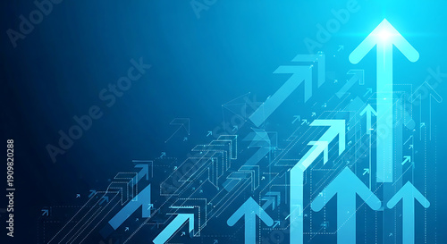 A blue graphic illustration of multiple arrows pointing upwards in a digital design concept
