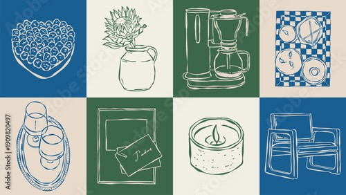 Dolce Vita sketch style vector illustration collection. Home decor, food, and beverage doodles. Art for postcards, print posters, packaging design.