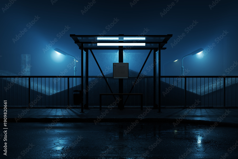 Fototapeta premium 3D rendering of a modern illuminated bus stop on a city street at night