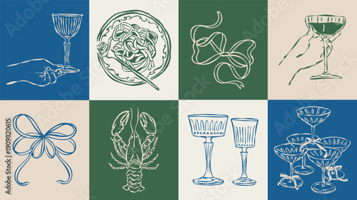 Dolce Vita sketch style vector illustration collection. Home decor, food, and beverage doodles. Art for postcards, print posters, packaging design.