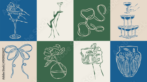 Dolce Vita sketch style vector illustration collection. Home decor, food, and beverage doodles. Art for postcards, print posters, packaging design.