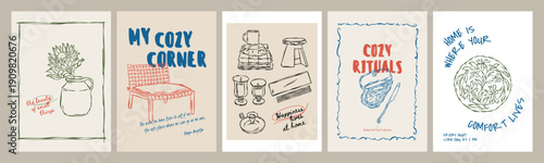 Scandinavian Style Frame Poster Collection with Inspirational Quotes and Hand-Drawn Sketch Home Decor Illustrations. 