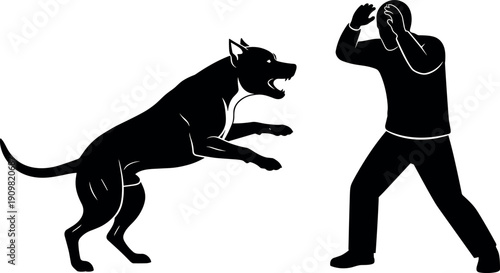 Aggressive dog attack silhouette illustration, man defending from barking canine vector graphic, animal danger concept, protection safety awareness isolated background