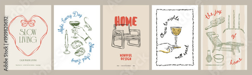 Scandinavian Style Frame Poster Collection with Inspirational Quotes and Hand-Drawn Sketch Home Decor Illustrations. 