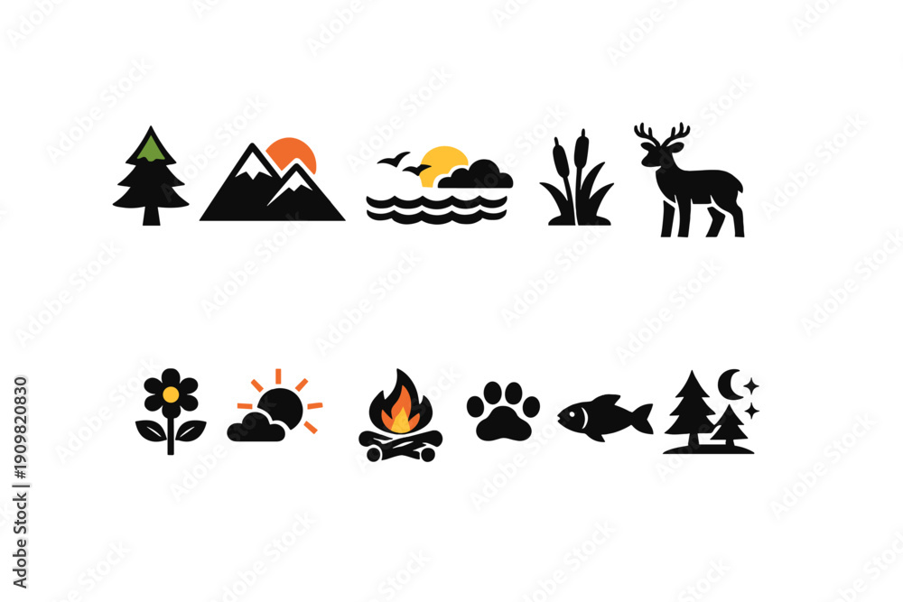 Fototapeta premium This set of eleven flat nature icons includes silhouettes of mountains, a deer, a campfire, and various weather symbols like the sun and moon on a black background.