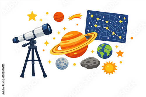 This flat vector illustration features a telescope on a tripod surrounded by celestial bodies like Saturn, Earth, the moon, an asteroid, a sun, and a constellation map.