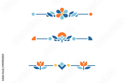 A collection of three horizontal floral dividers featuring geometric shapes and stylized leaves in shades of blue and orange, isolated on a dark black background.