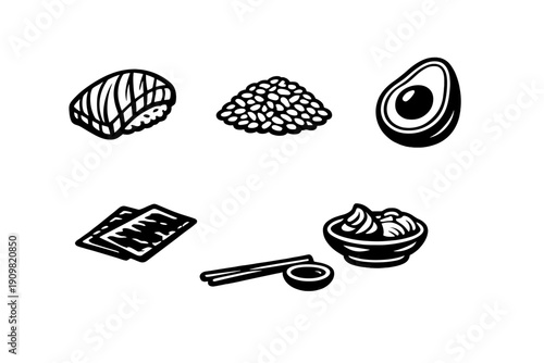 A collection of minimalist white line art icons on a black background featuring sushi ingredients like nigiri, rice, avocado, nori, ginger, wasabi, and chopsticks with a soy sauce dish.