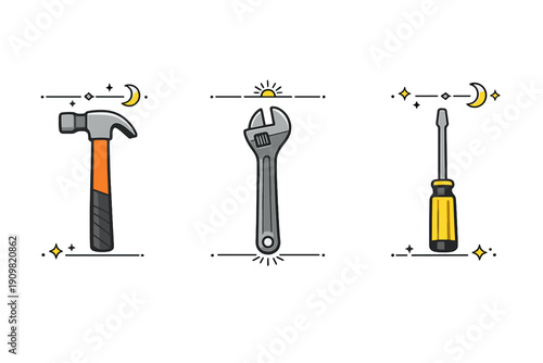 A set of three vertical panels featuring a hammer, an adjustable wrench, and a screwdriver. Each tool is illustrated in a flat style with celestial accents on a black background.