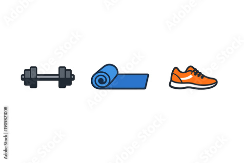 A set of three fitness icons featuring a grey dumbbell, a blue rolled-up yoga mat, and an orange running shoe, all isolated on a solid black background for a clean look.