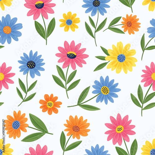 Colorful spring nature collection featuring a seamless floral pattern with pink daisy and orange gerbera blossom vector illustration.