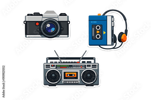 A collection of three retro electronic device stickers featuring a vintage film camera, a portable cassette player with headphones, and a classic boombox on a solid black background.