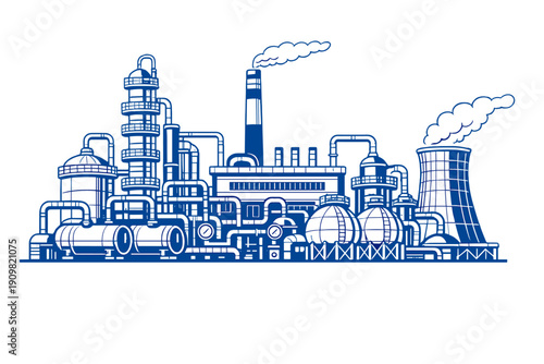 A blue and white illustration of a large industrial refinery complex featuring chimneys, cooling towers, storage tanks, and a network of pipes against a black background.