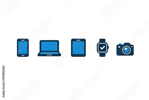 A set of five blue electronic device icons including a smartphone, laptop, tablet, smartwatch, and digital camera, displayed in a horizontal row on a dark background.