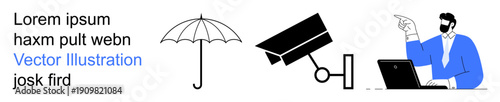Privacy protection, modern security, digital communication, surveillance, cybersecurity, online work. Black umbrella, surveillance camera professional with laptop. Privacy protection and modern