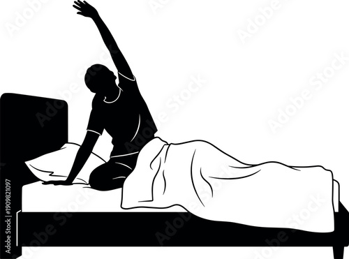 Morning stretching silhouette in bed, waking up routine vector illustration, healthy lifestyle concept showing person awakening, relaxation and wellness daily habit