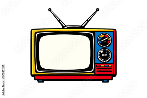 A colorful pop art illustration of a vintage television set with rabbit ear antennas and a blank screen, featuring a blue control panel and red base against a black background.