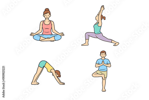 A collection of four simple cartoon illustrations showing diverse people performing various yoga exercises like meditation, downward dog, and tree pose on a black background.