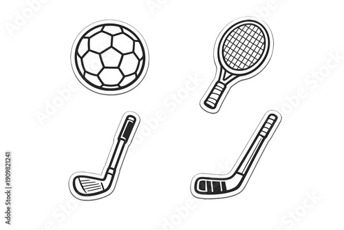 A collection of four black and white sports equipment icons featuring a soccer ball, a tennis racket, a golf club, and a hockey stick, all presented in a minimalist sticker style.