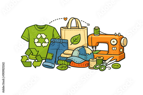 An illustration of sustainable fashion featuring a green t-shirt with a recycling symbol, a sewing machine, patched denim jeans, a tote bag, and sewing tools on a black background.
