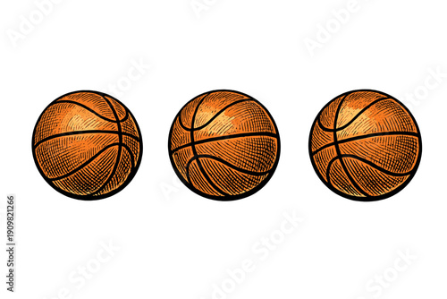 Three orange basketballs are shown in a row against a solid black background. The balls feature a detailed woodcut or engraved illustration style with intricate black hatching lines.