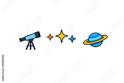 A flat design illustration depicts a telescope, three stylized stars in orange, yellow, and blue, plus a ringed planet, all arranged horizontally on a solid black background.
