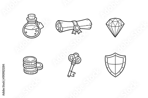 A collection of six hand-drawn fantasy icons featuring a potion bottle, a rolled scroll, a diamond, a stack of coins, an ornate key, and a shield on a black background.