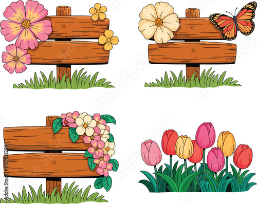 Wooden signs and flower arrangements with butterflies for decoration and design on eps vector