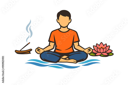 A vector illustration of a man sitting in a lotus meditation pose with an incense stick and a pink lotus flower on a black background. He is wearing an orange shirt and blue pants.