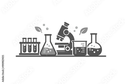 A grayscale vector illustration of laboratory equipment including a microscope, test tubes, and flasks arranged on a shelf with decorative leaves and bubbles in the background.