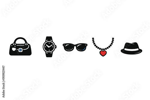 A collection of five black fashion accessory icons including a handbag, wristwatch, sunglasses, heart necklace, and fedora hat, isolated on a plain white background.