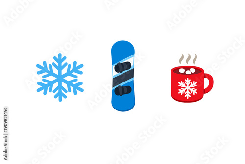 A light blue snowflake, a blue snowboard with black bindings, and a red mug of steaming hot chocolate with marshmallows are displayed against a solid black background.
