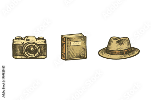 Three vintage-style hand-drawn illustrations featuring a retro camera, an old book, and a classic fedora hat, all isolated on a solid black background with a sepia-toned finish.