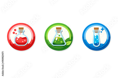 Three circular game icons featuring glass potion bottles with red, green, and blue liquids. Each icon includes decorative elements like bubbles, leaves, and sparkles on a black background.