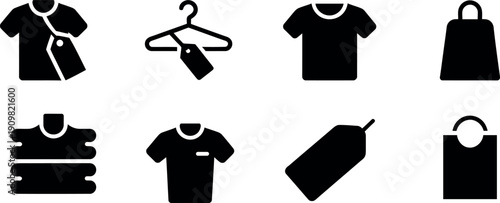 Collection of black clothing and shopping icons representing retail and fashion concepts isolated on white