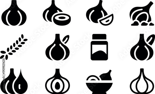 Collection of black silhouette icons representing garlic bulbs cloves and spices isolated on transparent background