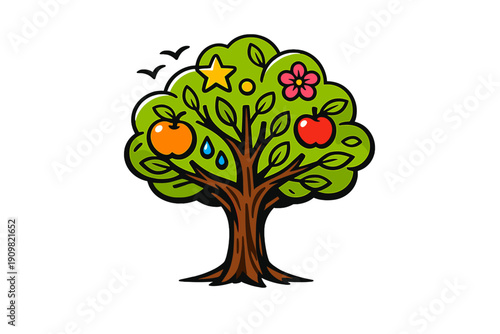 A colorful illustration of a stylized tree with green leaves, bearing various fruits, a flower, a star, and water drops, set against a black background with bird silhouettes.