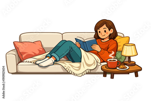 A young woman in an orange sweater relaxes on a white sofa while reading a blue book. She is covered with a cream blanket, and a steaming cup of coffee sits on a wooden side table nearby.
