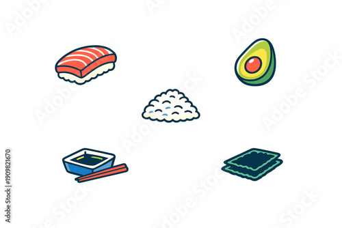 A collection of five cartoon illustrations featuring sushi ingredients including salmon nigiri, avocado, white rice, soy sauce with chopsticks, and nori seaweed on a dark background.