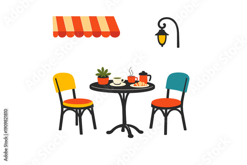 A flat illustration of a cozy outdoor cafe scene featuring a round table with coffee, a croissant, and a plant, flanked by two colorful chairs under a striped awning and a street lamp.