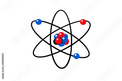 A stylized illustration of an atom with a central nucleus of red and blue spheres surrounded by three elliptical orbits containing smaller particles on a solid black background.