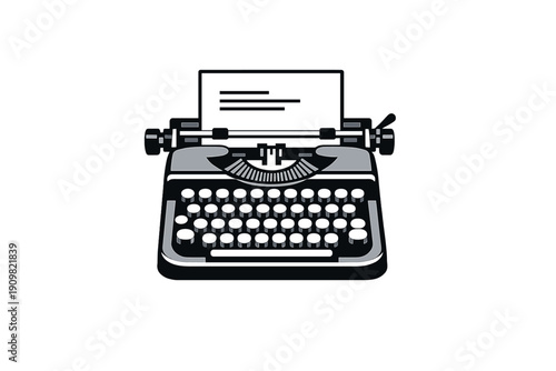 A classic manual typewriter with a sheet of paper inserted is shown in this minimalist vector illustration. The design uses black, white, and gray tones on a dark background.