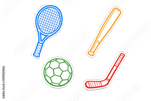 A collection of four colorful sports equipment icons including a blue tennis racket, an orange baseball bat, a green soccer ball, and a red hockey stick on a black background.