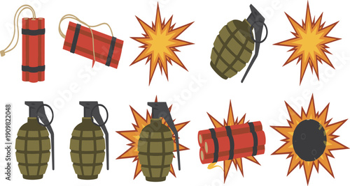 Cartoon explosive weapons set, hand grenades, dynamite bundles, bomb blasts, military icons, flat vector illustration, isolated white background, design, collection