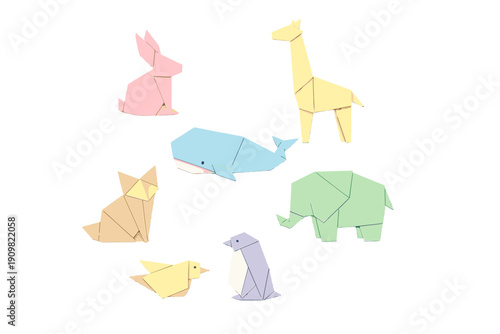A collection of seven colorful origami animals including a rabbit, giraffe, whale, fox, elephant, bird, and penguin, arranged on a solid black background in a minimalist paper craft style.