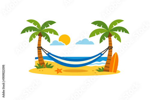 This flat vector illustration depicts a relaxing tropical beach with a blue hammock between palm trees, a surfboard on the sand, and a bright sun shining over the blue ocean waves.