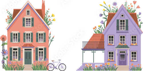 Charming dutch houses with flowers, bicycle and pastel facades, cozy european architecture illustration set isolated on white background spring style
